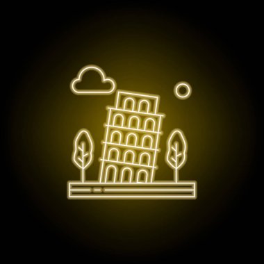 Pisa kulesi, ağaçlar, tarih, sarı neon tarzında bulut hattı simgesi. Manzara lar illüstrasyon unsuru. İşaretler ve semboller satır simgesi web, logo, mobil uygulama, Ui, Ux için kullanılabilir