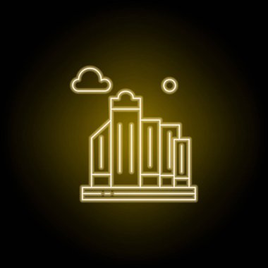 Şehir, ufuk çizgisi, sarı neon stilinde bina çizgisi simgesi. Manzara lar illüstrasyon unsuru. İşaretler ve semboller satır simgesi web, logo, mobil uygulama, Ui, Ux için kullanılabilir