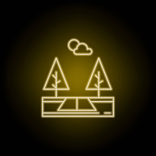 Road, trees, ecology, forest line icon in yellow neon style. Element of landscapes illustration. Signs and symbols line icon can be used for web, logo, mobile app, UI, UX