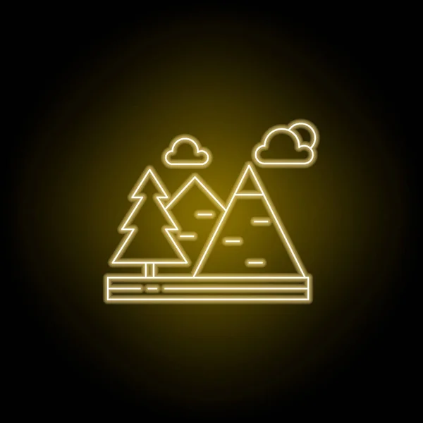 Montañas, nubes, árboles línea icono en estilo neón amarillo. Elemento de ilustración de paisajes. Signos y símbolos icono de línea se puede utilizar para la web, logotipo, aplicación móvil, interfaz de usuario, UX — Vector de stock