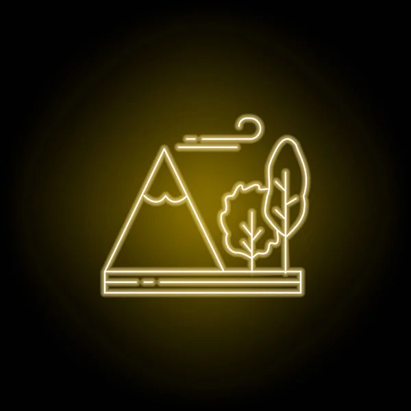 Icône de montagne, arbre, vent, ligne dans le style néon jaune. Élément d'illustration de paysages. Signes et symboles icône de ligne peut être utilisé pour le web, logo, application mobile, UI, UX — Image vectorielle