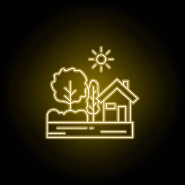 House, sunny tree line icon in yellow neon style. Element of landscapes illustration. Signs and symbols line icon can be used for web, logo, mobile app, UI, UX