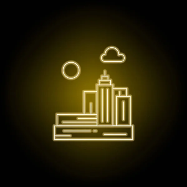 Ciudad, arquitectura, urbano, skyline icono en estilo neón amarillo. Elemento de ilustración de paisajes. Signos y símbolos icono de línea se puede utilizar para la web, logotipo, aplicación móvil, interfaz de usuario, UX — Vector de stock