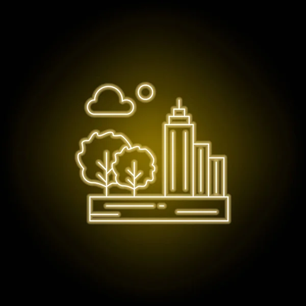 Città, nube, luna, icona della linea degli alberi in stile neon giallo. Elemento di paesaggio illustrazione. L'icona della linea di segni e simboli può essere utilizzata per web, logo, app mobile, UI, UX Illustrazione Stock