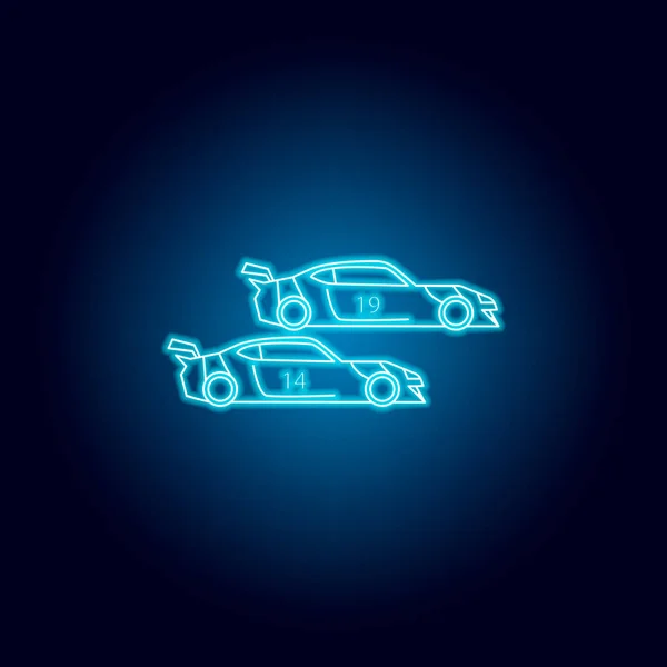 Ícone de carros esportivos em estilo neon azul. Elemento de corrida para o conceito móvel e ícone de aplicativos da web. Ícone de linha fina para design e desenvolvimento de sites, desenvolvimento de aplicativos —  Vetores de Stock