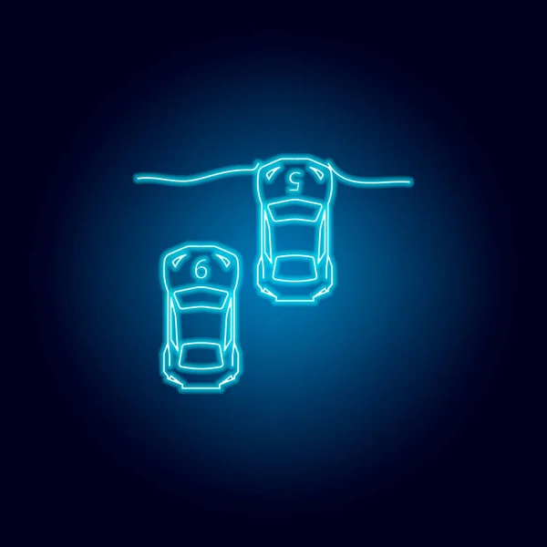 O carro esportivo está passando o ícone da linha de chegada em estilo neon azul. Elemento de corrida para o conceito móvel e ícone de aplicativos da web. Ícone de linha fina para design e desenvolvimento de sites — Vetor de Stock