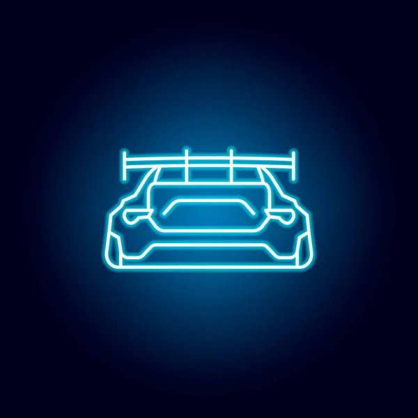 Ikon mobil sport kembali dengan gaya neon biru. Elemen balap untuk konsep mobile dan ikon aplikasi web. Ikon garis tipis untuk desain dan pengembangan situs web, pengembangan aplikasi Stok Ilustrasi Bebas Royalti