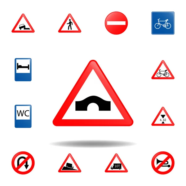 Puente camino cantar icono. conjunto de señales de tráfico icono para el concepto móvil y aplicaciones web. color puente de carretera cantar icono se puede utilizar para la web y móvil — Vector de stock