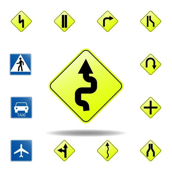 Извилистая дорога впереди значок. набор значков дорожных знаков для мобильных концепций и веб-приложений. цветные извилистые дороги впереди значок может быть использован для веб и мобильных — стоковый вектор