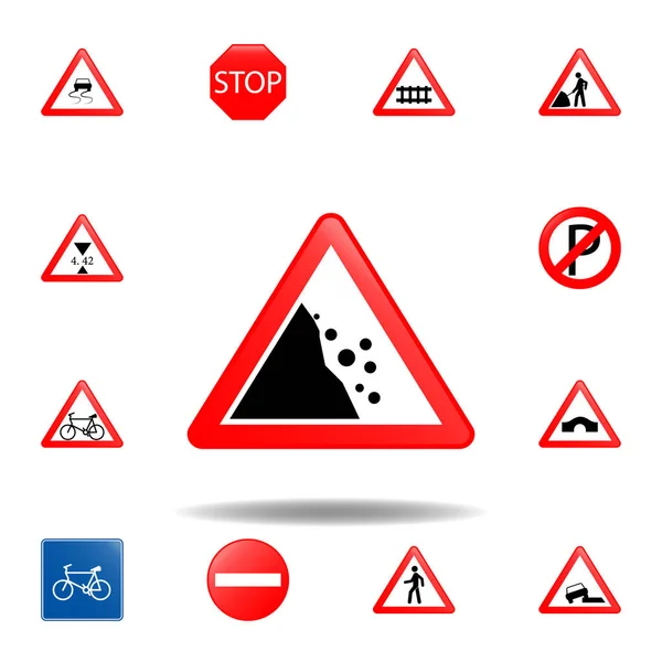 Steinschlag. Verkehrszeichensymbole für mobile Konzepte und Web-Apps. farbige Steinschlag-Symbol kann für Web-und mobile verwendet werden — Stockvektor