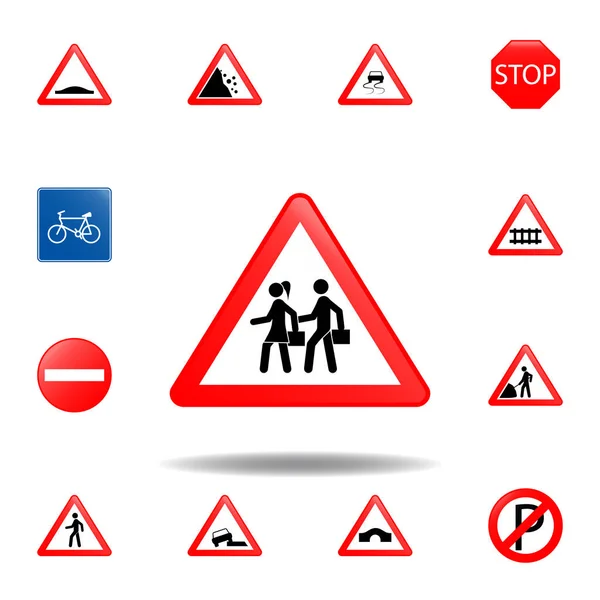 Icono de cruce de escuela. conjunto de señales de tráfico icono para el concepto móvil y aplicaciones web. icono de cruce de la escuela de color se puede utilizar para la web y móvil — Vector de stock