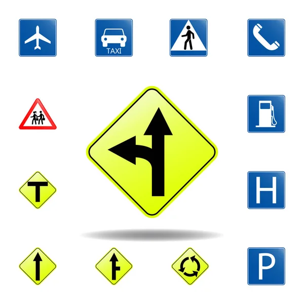 Linksabbiegespur. Verkehrszeichensymbole für mobile Konzepte und Web-Apps. farbige Straße links Symbol kann für Web-und mobile verwendet werden — Stockvektor