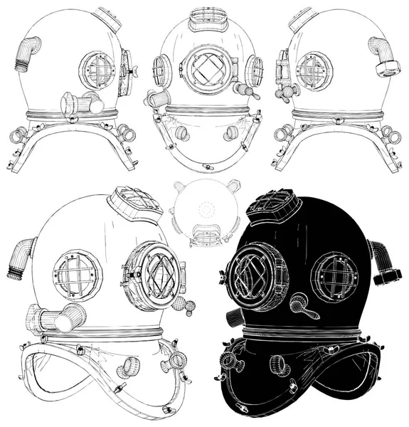 Staré Retro Potápění Helmu Samostatný Obrázek Bílém Pozadí Vektor — Stockový vektor
