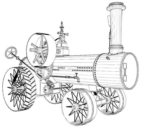 Ancien Moteur Tracteur Vapeur Rétro Illustration Isolée Sur Fond Blanc — Image vectorielle