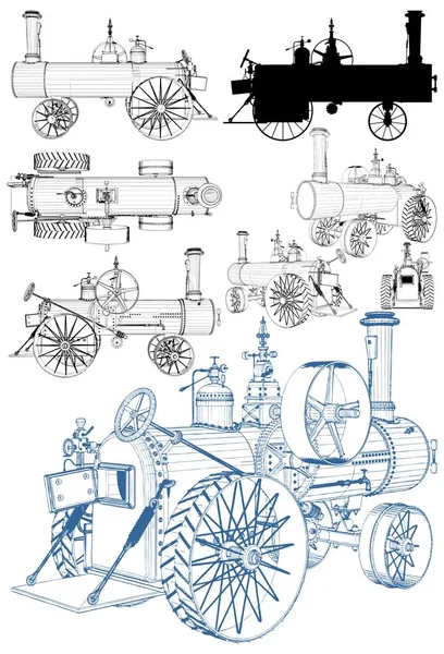 Ilustración Aislada Del Motor Del Tractor Vapor Retro Antiguo Vector — Vector de stock