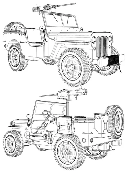 Carro Militar Retro Vintage Com Metralhadora Isolada Vetor Fundo Branco — Vetor de Stock