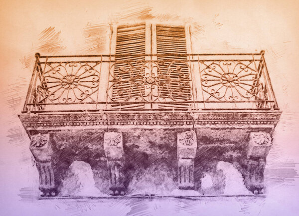 Rural Balcony On Sicily. Digital illustration color pencil sketch artwork. Italy, Sicily, Terrasini, Street House, Rural Balcony.