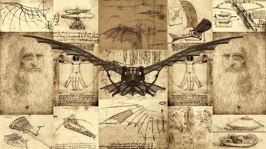 Leonardo Da Vinci Antik Uçma Makinesi manevra yapıyor ve animasyonlarla posterin önünde uçuyor