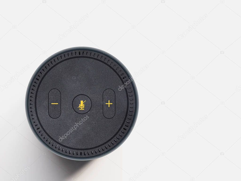 Smart Speaker and Voice Assistant Viewed from Above, with Yellow Buttons