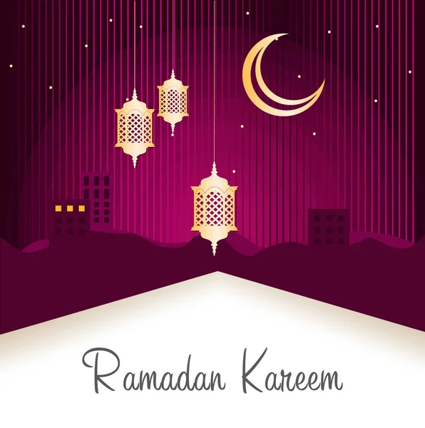 Ramadan Kareem disegno biglietto di auguri, con lanterne d'oro e mezzaluna su uno sfondo viola . — Foto Stock