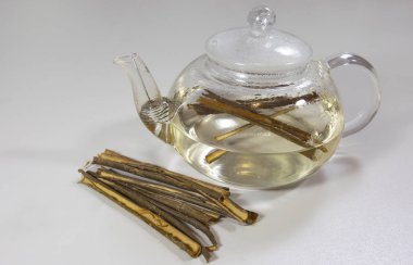 Beyaz söğüt kabuğu tıbbi çay. Willow Bark yakın çekim çaydan. Alternatif Tıp - kuru tıbbi otlar. Ot kaynatma ile 