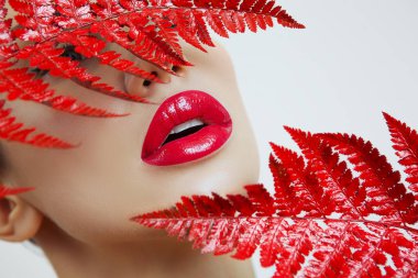 Şehvetli kırmızı dudaklar ve bir fern ile bir kadın. Seksi kırmızı dudaklar ile kadının ağız. Seksi kadın kırmızı Lips gri bir arka plan üzerinde. Kadın portre parlak makyaj ile. Dudak parlatıcısı