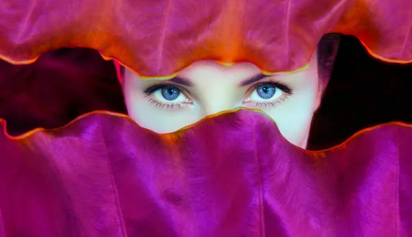 Beautiful Woman Eyes Surrounded Ultra Violet Tropical Leaves Woman Face — Stock Photo, Image