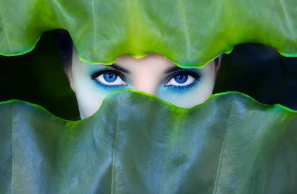 Beautiful woman\'s eyes with blue eye shadow surrounded by tropical leaves. Woman face on a leaf background in the jungle. Sexy beautiful woman behind the leaves. Neon art make-up concept.