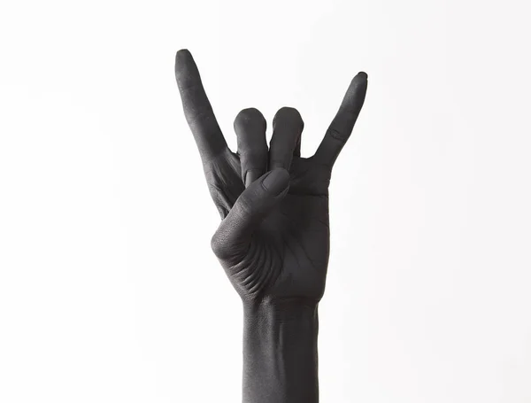 Goat Gesture Dark Background Black Hand Doing Rock Symbol Hands — Stock Photo, Image