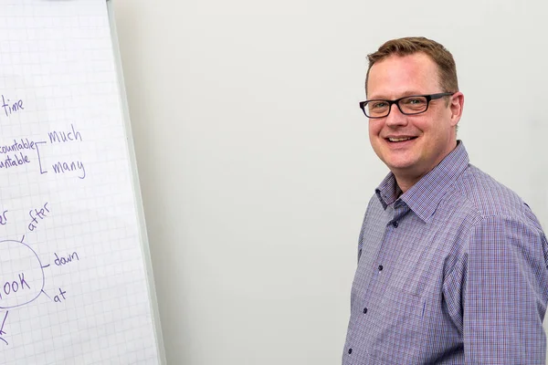 Genç öğretmen tahtaya İngilizce dil bilgisi yazıyor. İngilizce çalış..