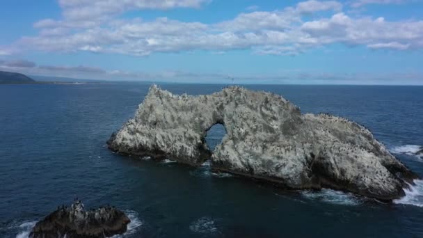 Dron rotación alrededor de la roca solitaria en el Océano Pacífico, península de Kamchatka. Imágenes de 4k. Vista aérea de las olas cerca de roca bonita — Vídeos de Stock