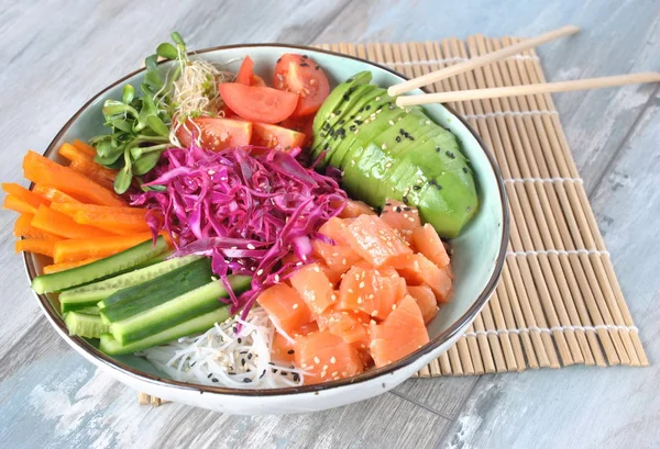 Fresh seafood recipe. Organic food. Fresh salmon poke bowl with crystal noodles, fresh red cabbage, avocado, cherry tomatoes. Food concept poke bowl