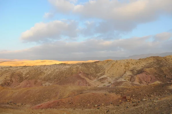 Ökenlandskap Vid Soluppgången Vandring Öken Del Israel National Trail Negevöknen — Stockfoto