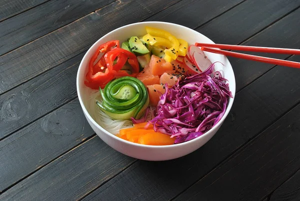 Poke Bowls Fresh Salmon Crystal Noodles Radish Avocado Sweet Pepper — Stock Photo, Image