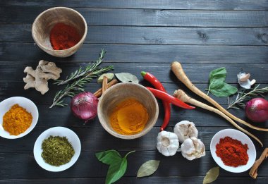 Renkli çeşitli yemek için taze ve kuru otlar, baharatlar. Baharat ve baharat, kırmızı biber tozu, tarçın, kırmızı soğan ot. sarımsak, fesleğen, koyu arka plan üzerinde zencefil kökü.