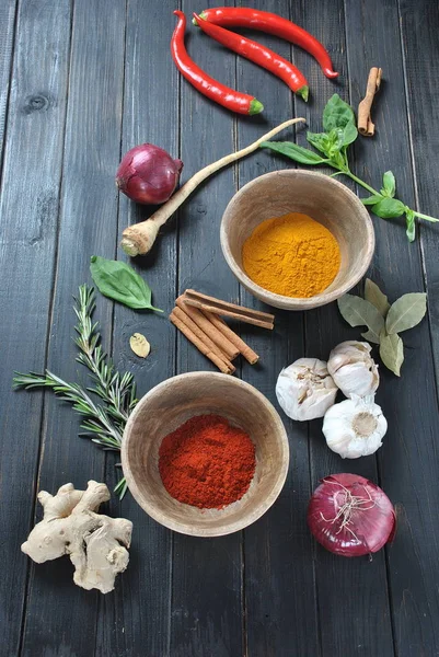Coloridos Varios Hierbas Frescas Secas Especias Para Cocinar Condimento Especias — Foto de Stock