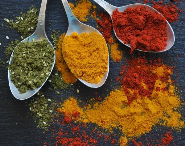 Variedad Especias Condimentos Para Alimentos Pimentón Zaatar Cúrcuma — Foto de Stock