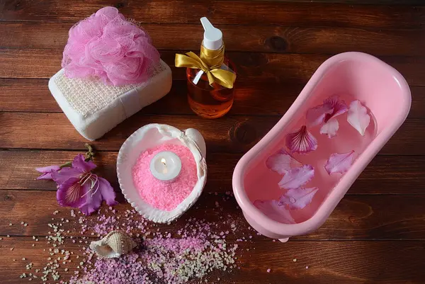 Spa Body Care Products Aromatic Rose Bath Dead Sea Salt — Stock Photo, Image