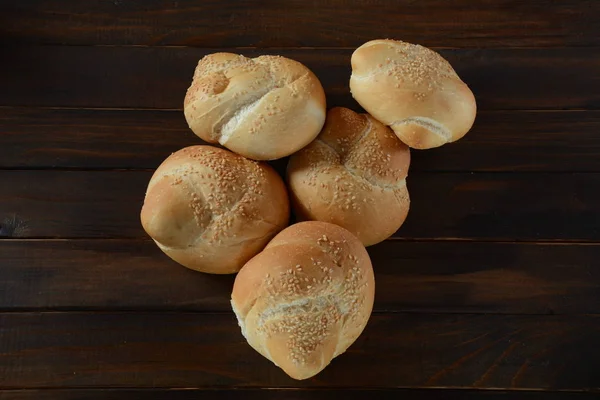 Panadería Pan Fresco Horneado Fragante Pan Casero Sobre Fondo Madera — Foto de Stock