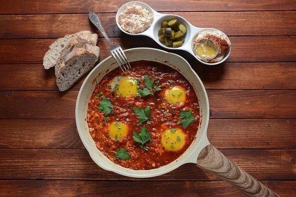 Shakshuka Medio Oriente Tradicional Casero Desayuno Huevos Fritos Cebolla Pimiento — Foto de Stock