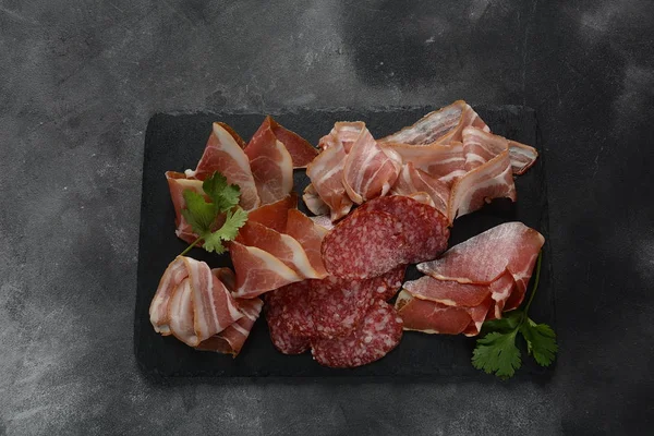 Salami Prosciutto Bacon Served Melon Mint Cutting Board Italian Lunch — Stock Photo, Image