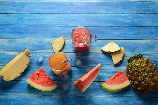 Fresh Watermelon Pineapple Cocktails Glasses Blue Rustic Wooden Background Cold — Stock Photo, Image