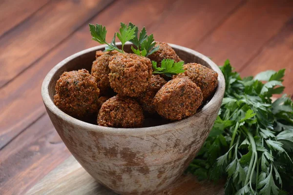 Falafel Balls Parsley Wooden Bowl Tahini Sauce Vegan Healthy Food — Stock Photo, Image