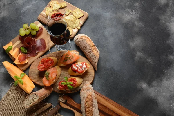 Brushetta Traditional Spanish Tapas Appetizers Italian Antipasti Snacks Variety Small — Stock Photo, Image