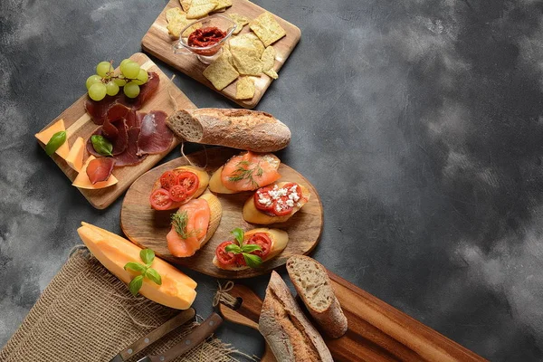 Brushetta Traditional Spanish Tapas Appetizers Italian Antipasti Snacks Variety Small — Stock Photo, Image