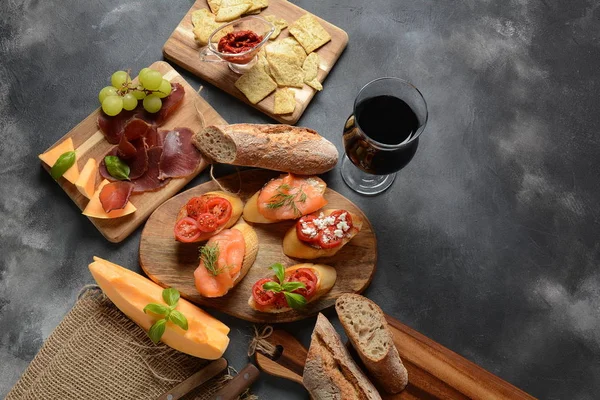 Brushetta Traditional Spanish Tapas Appetizers Italian Antipasti Snacks Variety Small — Stock Photo, Image