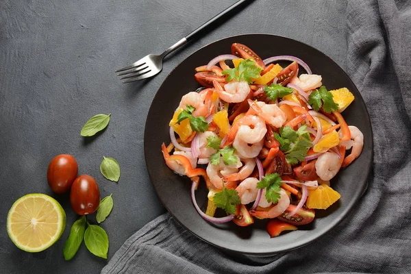 Refreshing dish of fish in citrus juice. Peruvian shrimp, prawn Ceviche marinated in oranges and lime. Diet and healthy food concept. Seafood salad