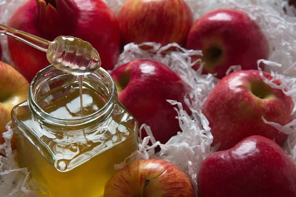 Rosh Hashanah Feriado Ano Novo Judaico Conceito Símbolos Tradicionais Jarra — Fotografia de Stock