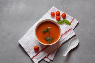 Hot tomato soup puree. Healthy winter, autumn soup concept