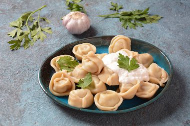 Ekşi kremalı ve taze maydanozlu ev yapımı etli börek. Geleneksel Rus yemeği, pelmeni, ravioli.